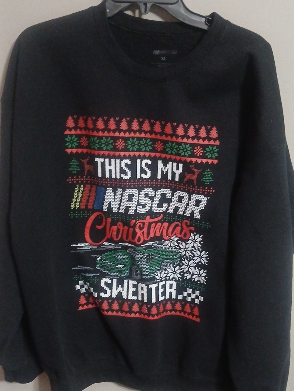 Nascar Black Christmas Sweater Sweatshirt with Red, Green & White Print